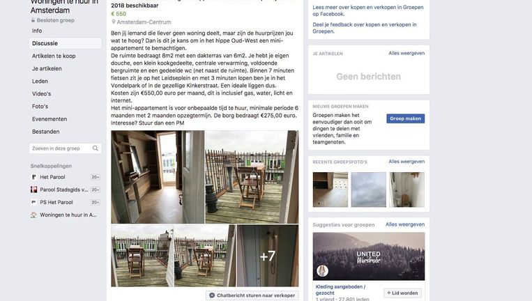 De advertentie op Facebook. Beeld Facebook/woningentehuurinamsterdam