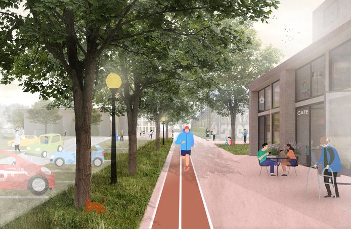 Impressie van hoe Sportlaan Driene eruit moet gaan zien. ,,Niemand zal straks nog spreken van een gribusbuurt. Sportlaan Driene wordt een van de mooiste plekken om te wonen in Hengelo”, zegt wethouder Mariska ten Heuw.