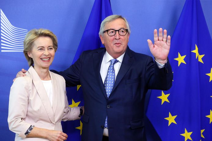 Aftredend Commissievoorzitter Juncker met de Duitse kandidaat-voorzitter Ursula von der Leyen
