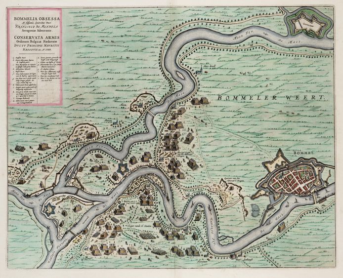 De kaart van het Beleg van Zaltbommel (1599) uit de Atlas van Loon. Het zuiden is boven op de kaart. Linksonder bij Heerewaarden (Herwaerden) twee verbindingen tussen de Waal en de Maas. De linker is het Voornse Gat. Ook Fort Voren (Voorne) is zichtbaar. De stervorm een stuk verder naar rechtsboven is Fort Sint Andries.