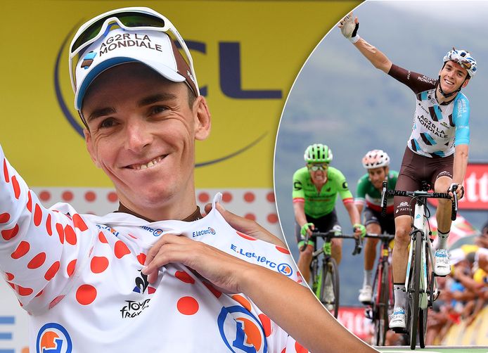 Romain Bardet in de bolletjestrui in 2019 en (inzet) als etappewinnaar in de Tour in 2017.