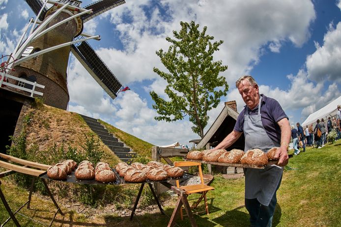 Bakker Jan Velthof bakt broden op de druk bezochte Nationale Molendag bij de Pierpermolen.