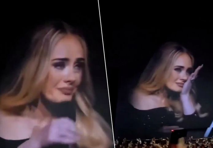 Adele in tranen tijdens een optreden.