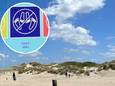 Het strand van Oranjezon bij Vrouwenpolder. Ook op gedeelte dat geen naaktstrand is, zoeken badgasten de beschutting van de lage duintjes op. Inzet: op nieuwe borden waarschuwt de gemeente Veere dat  seks op het strand of in de duinen verboden is.