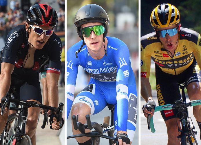Vlnr: Geraint Thomas, Simon Yates en Steven Kruijswijk.