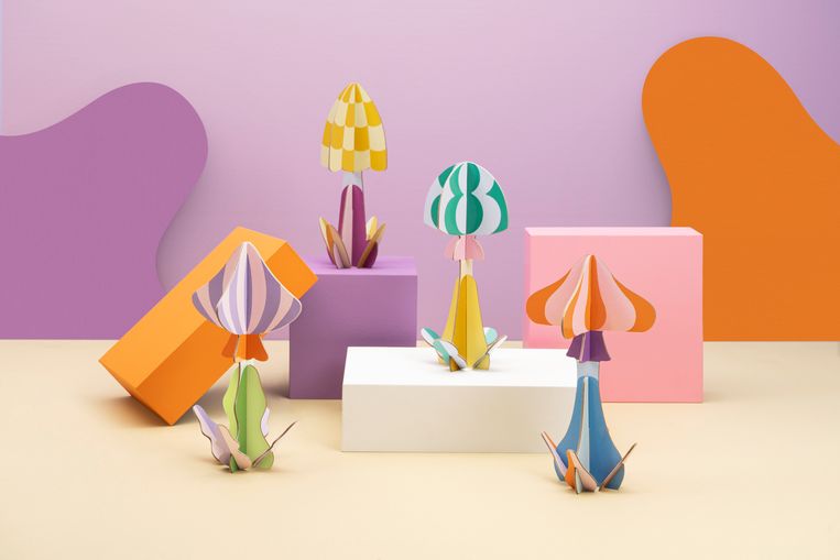 Decoratieve ‘Mushroom Sculptures’ van papier, € 13,90 per stuk. octaevo.com Beeld 