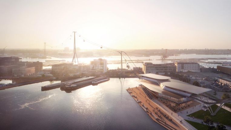 Impressie van de kabelbaan tussen de Minervahaven en de NDSM-werf. Beeld Plompmozes