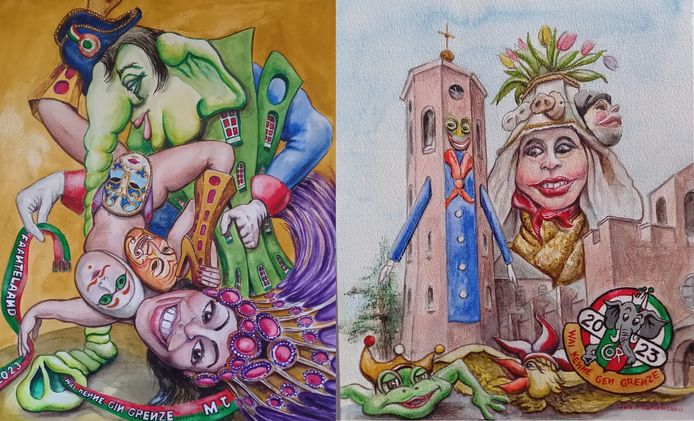 Twee tekeningen van Jan Marcelissen voor de carnavalskrant. Links de afgekeurde versie, rechts de versie die bij 5400 huishoudens op de mat valt.