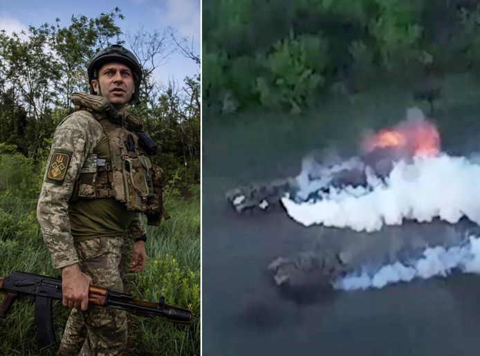 Oekraïense soldaat in de buurt van Bachmoet (links) en luchtbeeld van een Oekraïense aanval op Russische voertuigen.