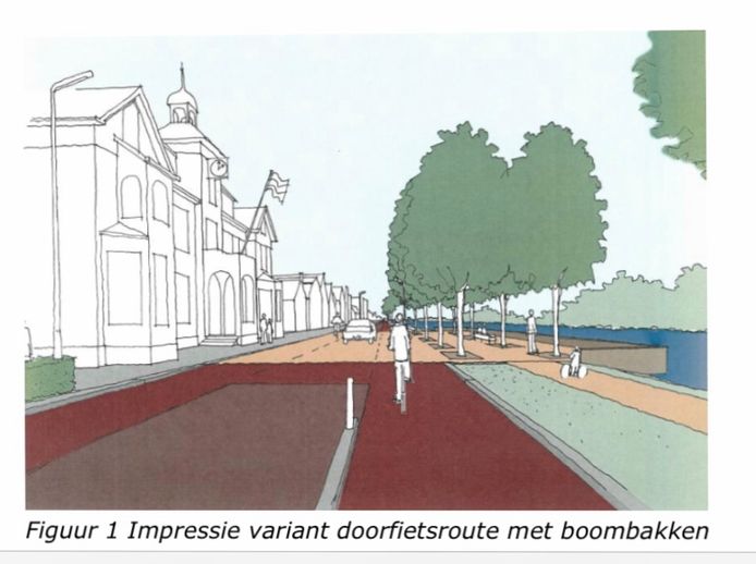 Een schets van hoe de Raadhuisweg/Zoutmansweg eruit kan komen te zien. Dit is de variant met doorfietsroute.