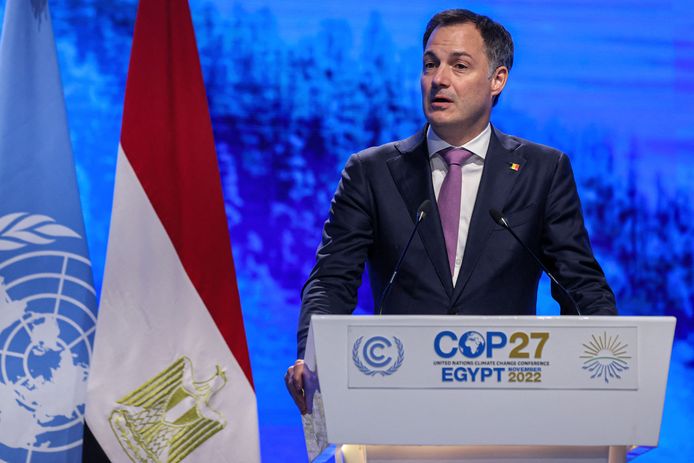 Premier Alexander De Croo (Open Vld) tijdens zijn toespraak op de klimaattop in het Egyptische Sharm-el-Sheikh.