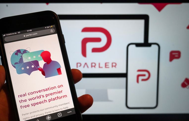 Logo van de omstreden app Parler. Beeld AP
