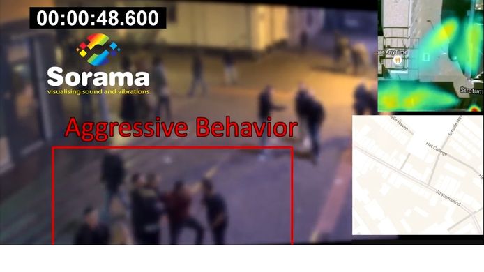 Het Living Lab op Stratumseind werkt met slimme camera's. Op deze beelden is te zien dat de sensors automatisch agressief gedrag herkennen. De camerabeelden zijn bewust vaag gemaakt ivm privacy.