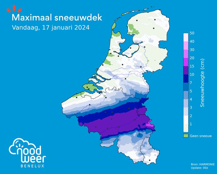 De focus van de sneeuwval komt te liggen op de gebieden ten zuiden van de taalgrens. In Vlaanderen blijft het sneeuwdek beperkt, maar kan er evenwel gladheid ontstaan.