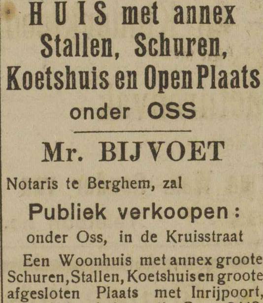 Advertentie van notaris Bijvoet voor de openbare verkoop van o.a. het koetshuis aan de Kruisstraat (1920)