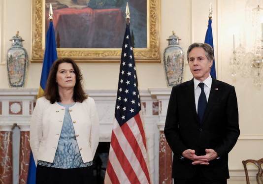 De Zweedse minister van Buitenlandse Zaken Ann Linde en haar Amerikaanse collega Antony Blinken in Washington.