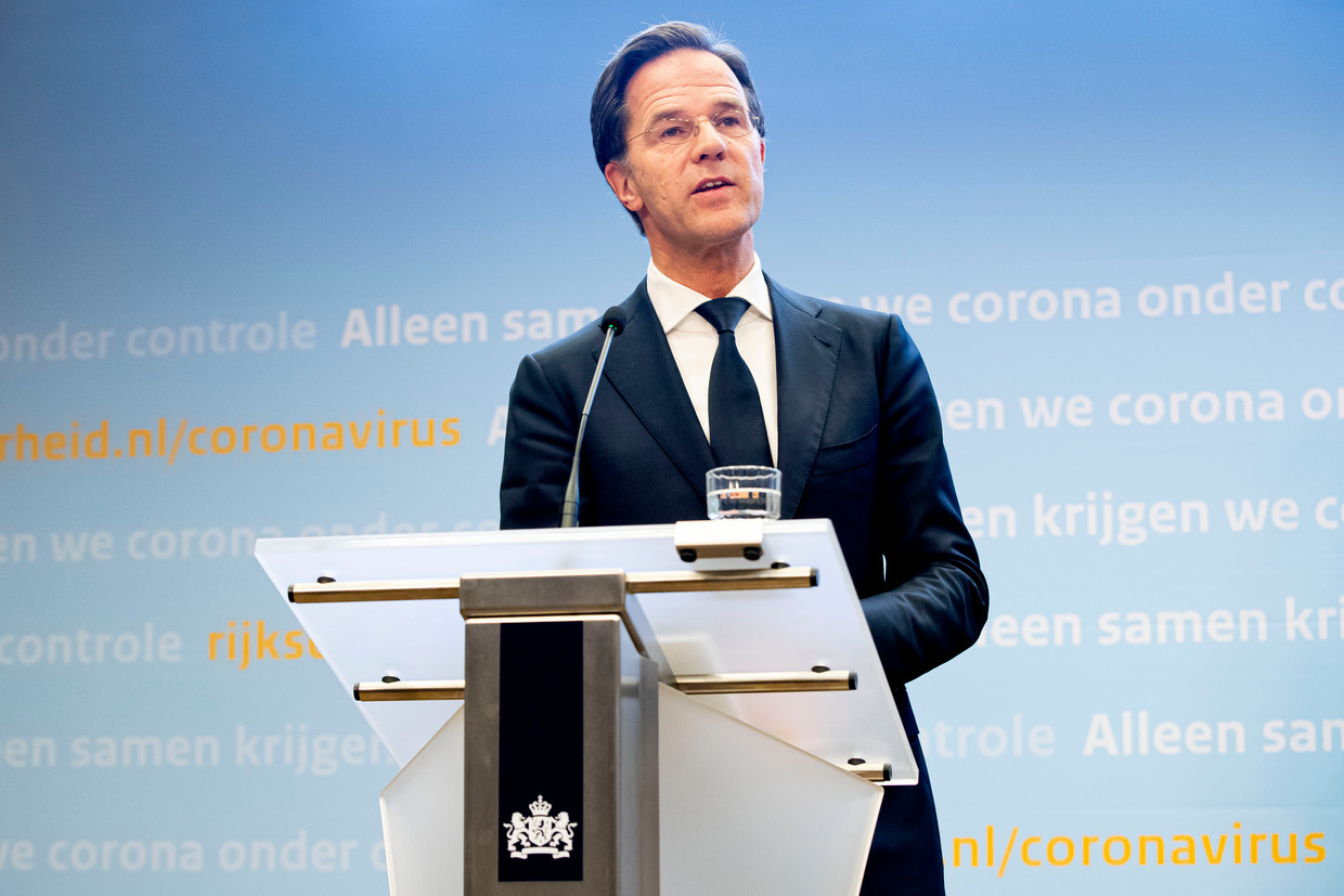 Premier Mark Rutte tijdens een persconferentie over corona. Beeld BSR Agency