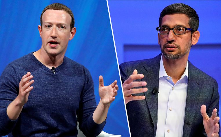 Meta-CEO Mark Zuckerberg en Google-CEO Sundar Pichai. Beeld Reuters