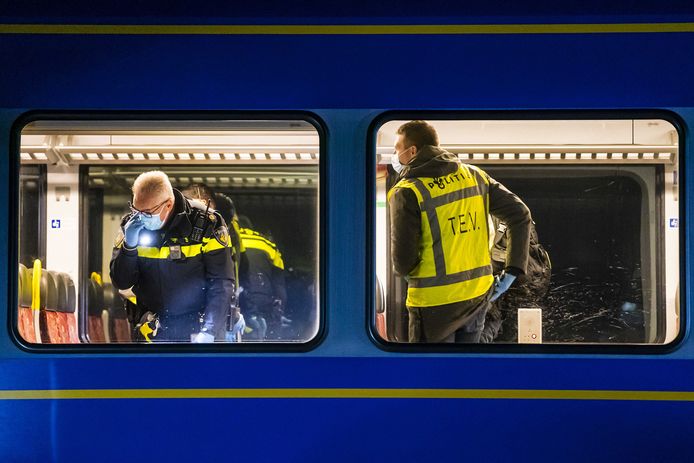 Explosievenverkenners doorzoeken de trein nabij het Nederlandse dorp Holthees.
