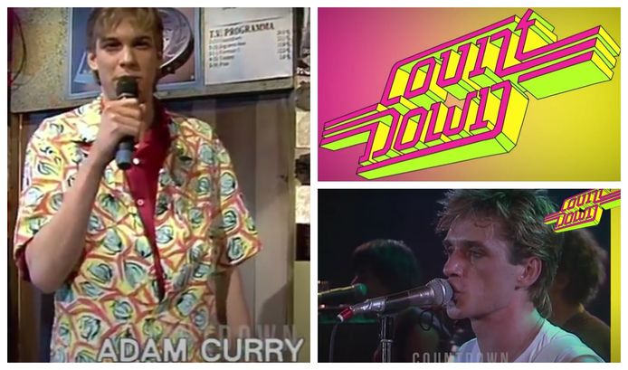 Countdown-presentator Adam Curry. Henny Vrienten en Doe Maar kwamen in 1982 langs met 'Doris Day'.