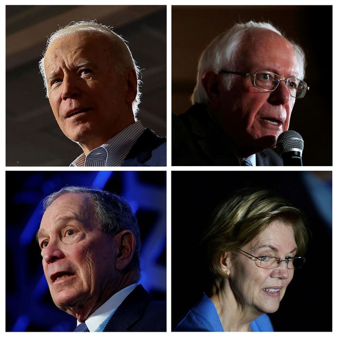 De vier belangrijkste Democratische presidentskandidaten: Joe Biden en Bernie Sanders boven, Mike Bloomberg en Elizabeth Warren onder.