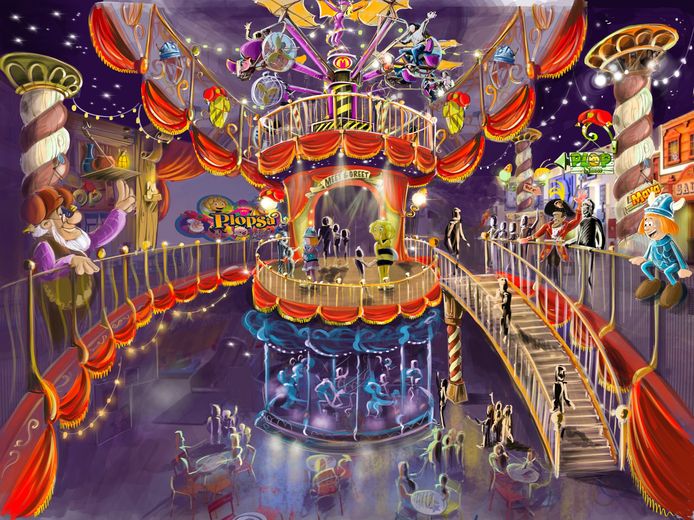 Een simulatiebeeld van de sfeer die Plopsa Station Indoor zal krijgen.