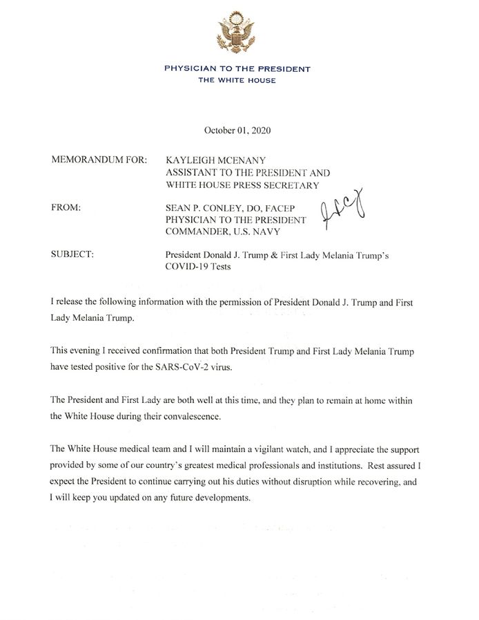 De brief van Witte Huis-arts Sean Conley, waarin hij de besmetting van het presidentskoppel bevestigt.