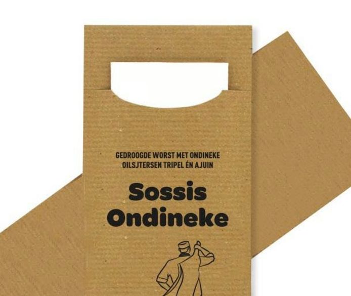 De verpakking van 'Sossis Ondineke' verklapt wellicht het partnership tussen de slagerij van Mélissa en Karel in Aalst en brouwerij De Glazen Toren met vestigingen in Aalst en Mere.