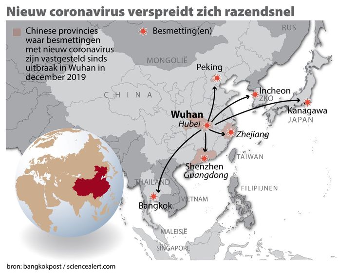 Het nieuwe coronavirus verspreidt zich razendsnel. Hierbij een kaart China met locatie Wuhan en gebieden waar besmettingen zijn vastgesteld.