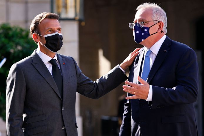 De Franse president Emmanuel Macron met de Australische eerste minister Scott Morrison in betere tijden