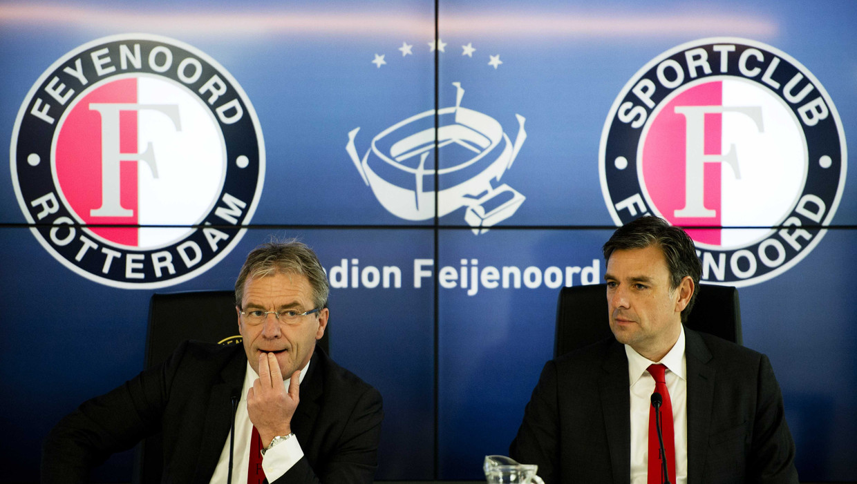Algemeeen directeur van Feyenoord Eric Gudde (L) en Jan van Merwijk, directeur van Stadion Feyenoord Beeld ANP