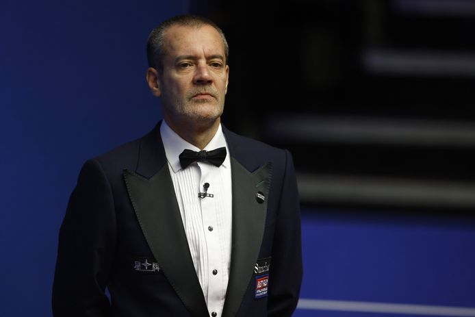 Snooker referee Olivier Marteel during day one at The Crucible, Sheffield. Picture date: Saturday April 16, 2022. ! only BELGIUM !