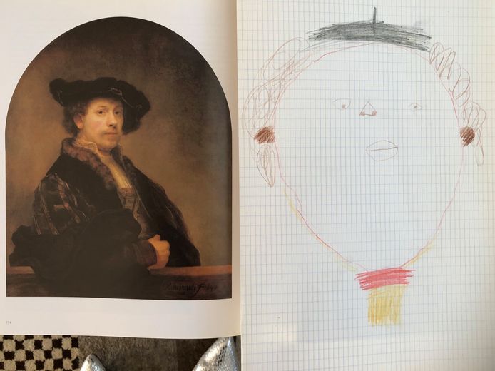 'Opa en oma zijn, toen ze nog bij opa en oma kwamen, ook aan het lesgeven geweest. Opa had de opdracht gegeven om Rembrandt na te schilderen. Dat heeft Sel, 4 jaar, met alle liefde gedaan!'