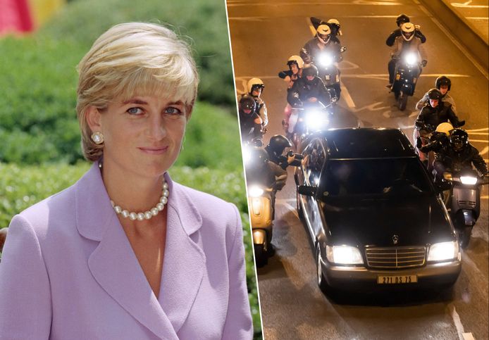 Links: prinses Diana, rechts: een fragment uit het nieuwe seizoen van ‘The Crown’ waarin het auto-ongeluk van Diana wordt nagebootst.