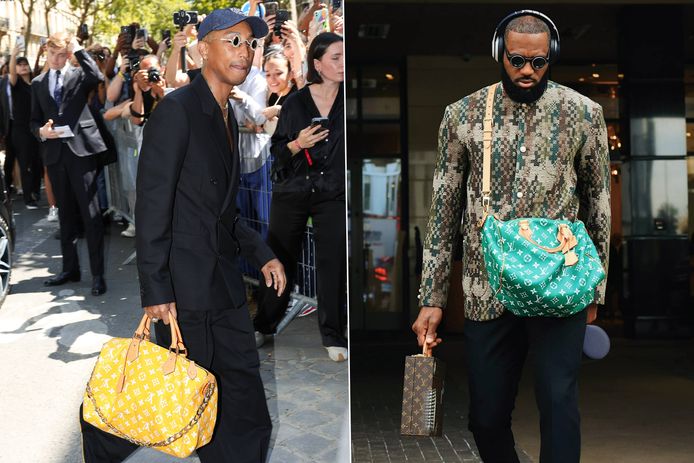 (Links) Pharrell Williams bracht een kanariegele handtas mee naar de Parijse modeweek in juni. (Rechts) Sinds basketters als Lebron James ermee rondlopen, weten we dat één zo’n handtas te koop is voor 1.000.000 dollar.