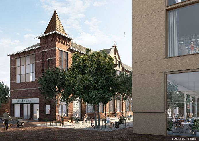 Een impressie van het project Het Schoolkwartier. De Sanders Retail Groep wil van de Sint Petrusschool weer een blikvanger maken, compleet met stadspark, horeca en appartementen.
