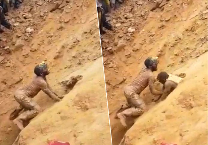Beelden op sociale media tonen hoe de man zijn collega's bevrijdt door met blote handen in het puin te graven.