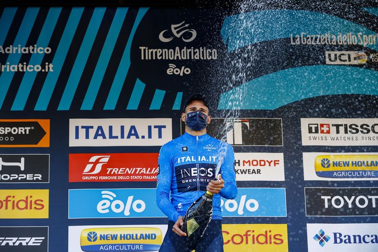 Filippo Ganna is uiteraard de eerste leider in deze Tirreno-Adriatico. Beeld Photo News