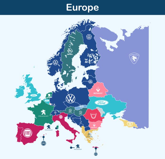 Kaart populairste huurwagens per land