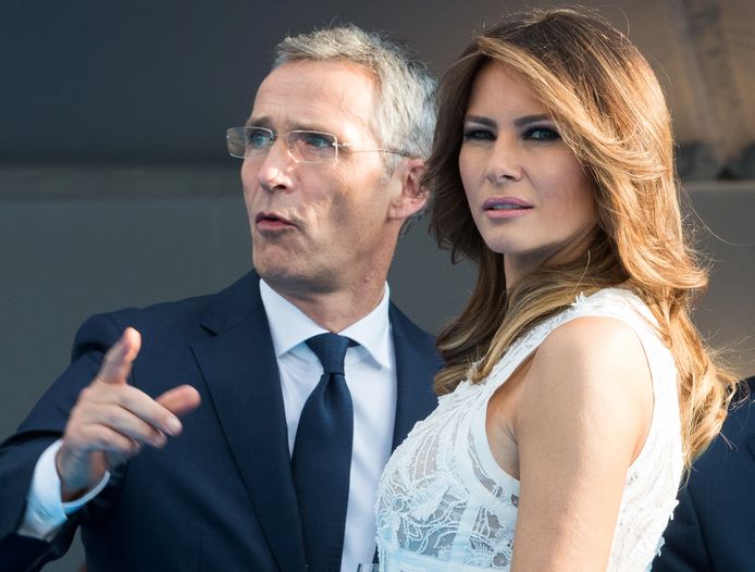 Jens Stoltenberg met de Amerikaanse first lady Melania Trump.