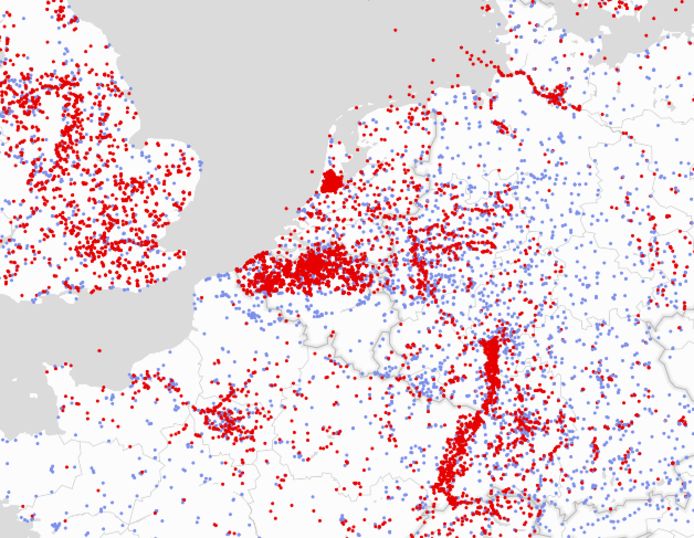 De kaart met pfas-concentraties in Europa.