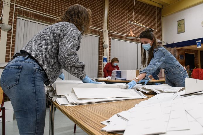Het tellen van de stemmen in Sporthal Windmolenbroek bij de vorige verkiezingen (Tweede Kamer) in Almelo.