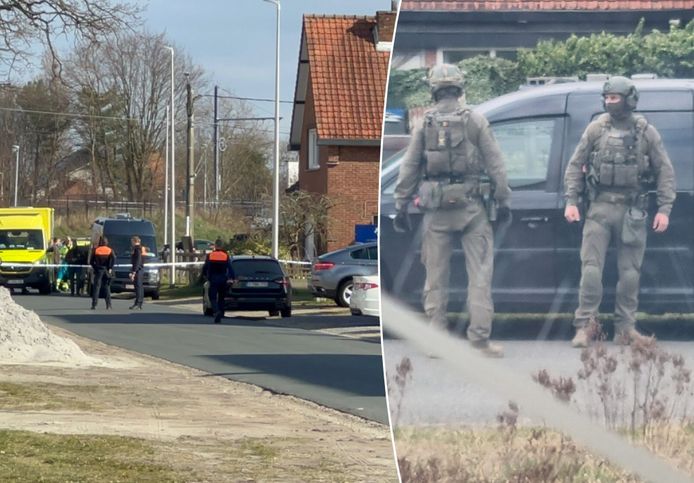 De politie zette de Tunnelstraat in Leopoldsburg af. Rechts: Speciale eenheden snelden ter plaatse en zagen, na uren proberen, geen andere mogelijkheid dan de man neer te schieten.
