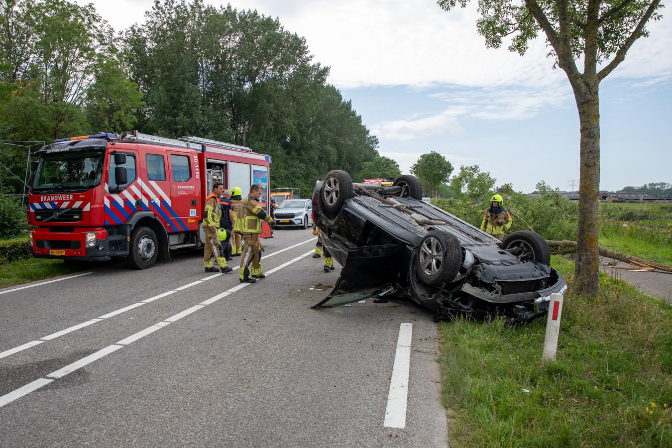 Auto rijdt boom uit de grond in Zevenbergen en belandt ondersteboven in