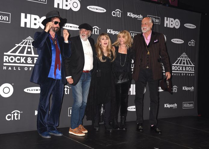 Fleetwood Mac vorig weekend in New York:  Mike Campbell, John McVie, Stevie Nicks, Christine McVie en Mick Fleetwood.