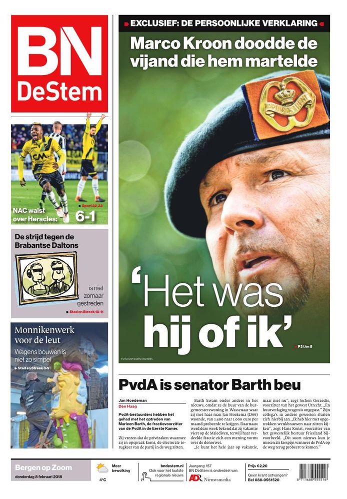 Voorpagina BN DeStem krant van donderdag 8 februari