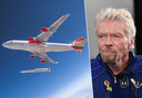 Fotomontage HLN. Links een test van een LauncherOne-raket die is gedropt vanuit Cosmic Girl, een aangepaste Boeing 747, rechts Virgin-baas Richard Branson.