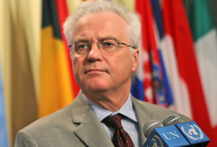 Vitaly Churkin, Russische Ambassadeur bij de VN, na de laatste spoedzitting over GeorgiÃ« Beeld 