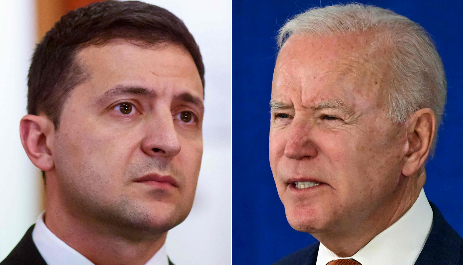 Volodymyr Zelensky (links) en Joe Biden bespreken vandaag de Russische dreiging rond Oekraïne.