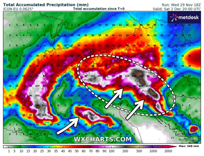 Rainfall amounts can be very high, especially in the northern Balkans.